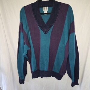 IOU Vintage Striped V Neck Sweater Men's XL Long Sleeve 90's Preppy Tennis‎